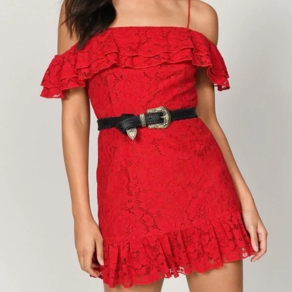 Tobi Dresses | Tobi Red Lace Off The Shoulder Mini Dress - Size X-Small | Color: Red | Size: Xs | Thenotorioushtp's Closet